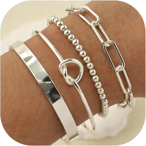Jewelry - Women Siver Bangle Cuff Bracelets Non Tarnish Gold Stack Jewelry Lobster Clasp